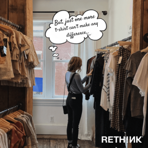 A women in a wordrobe looking through clothes rack. Window in the background, wondering if one more item is bad for the environment