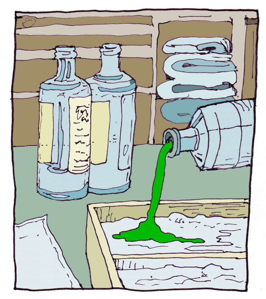illustration in water colors with brown and blues illustarting chemical glass bottles and one with green liquid coming out into the dying bath.