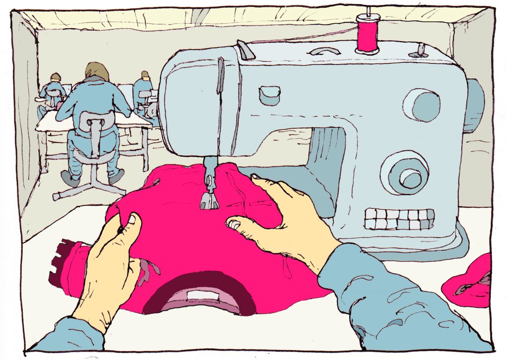 Illustration of a sewing machine in blue water colors. two hands holding a pink sweater, feeding the sewing machine to stitch and sew the sweater.