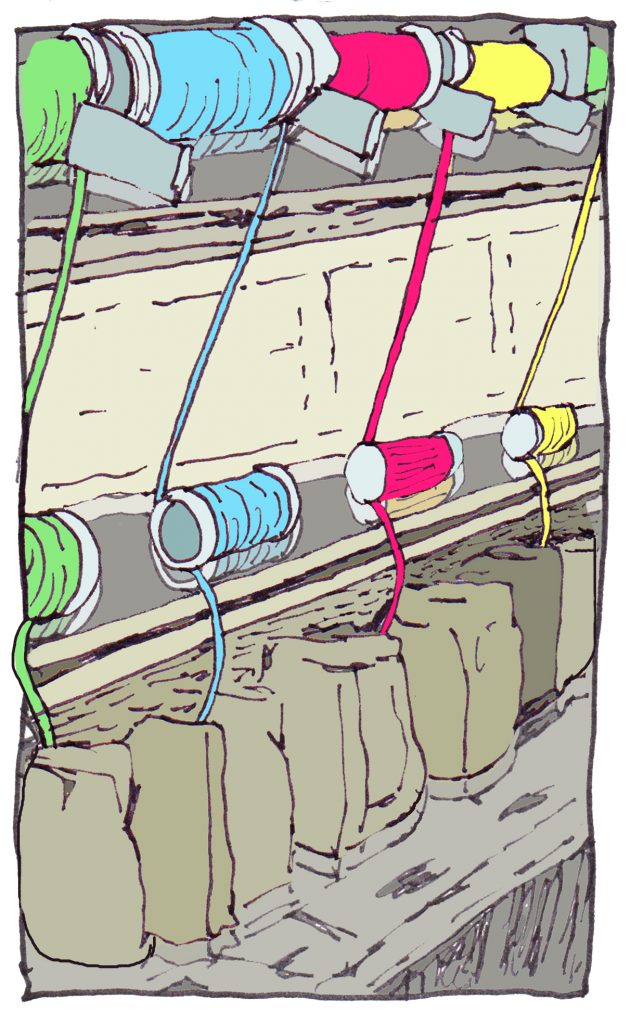 illustration with a yarn making machine. Sort of old fashion. yellow, red and blue threads in making.