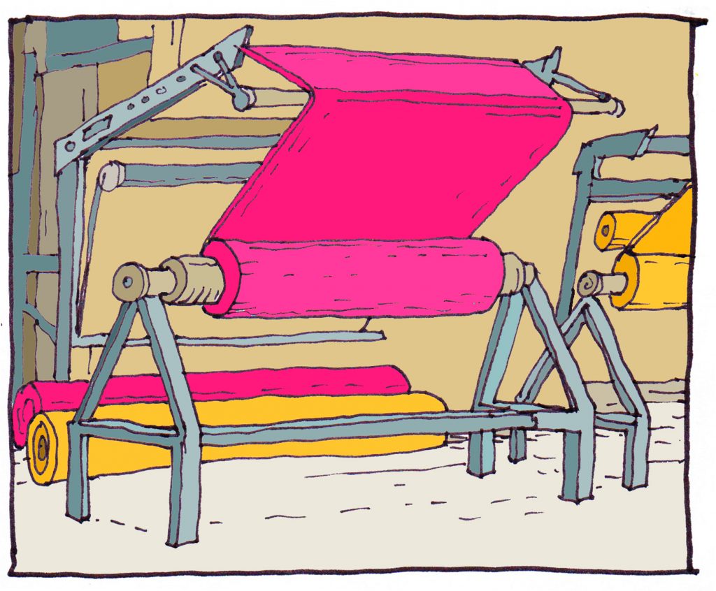 Illustration of an old mechanical weaving machine. Weaving a hot pink fabric
