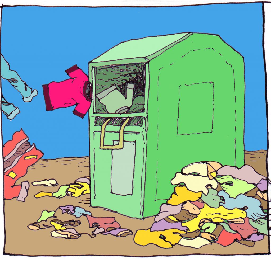 Illustration with a green big recycling bin and the pink sweater going into the bin. Tons of clothes outside the bin as well.