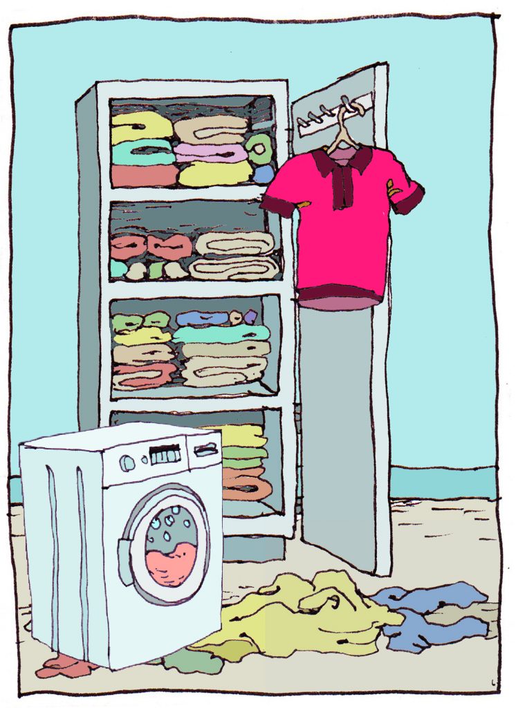Illustration in water colors. A closet full of folded clothes. Open door with a red sweater hanging on a hanger on the door.