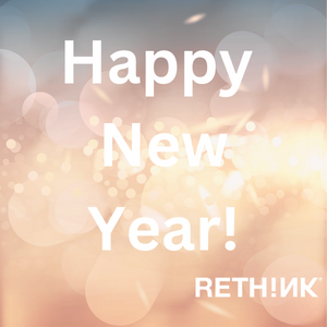 Golden and blue floating ballons with white Happy New Year text and ReThink logo