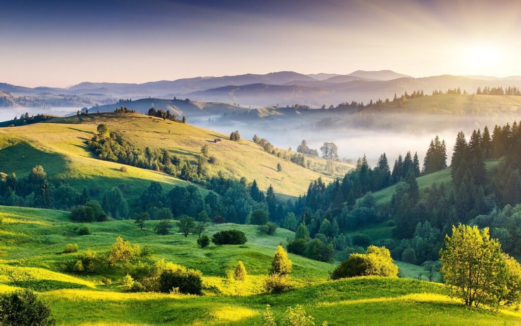 Illustrated image of hills, nature with green fields and mountains in the background