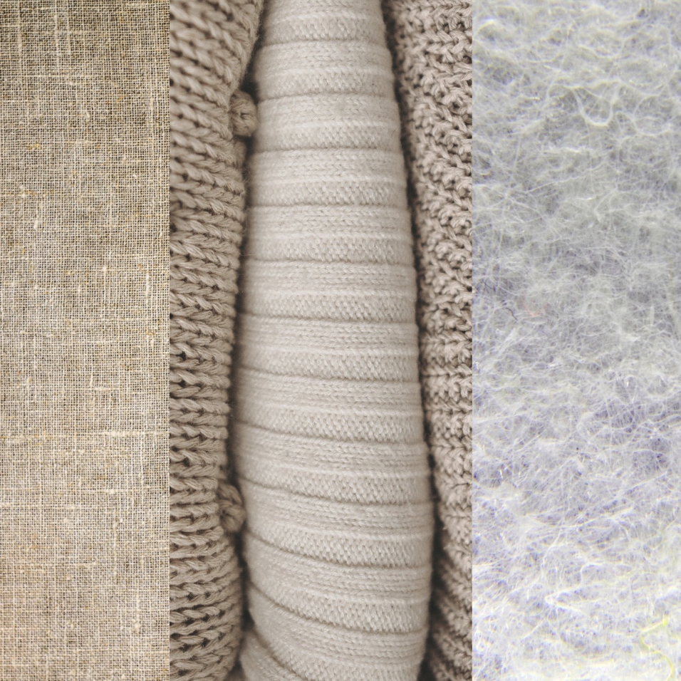 grey, beige and natural colour textiles and knits in a vertical row.