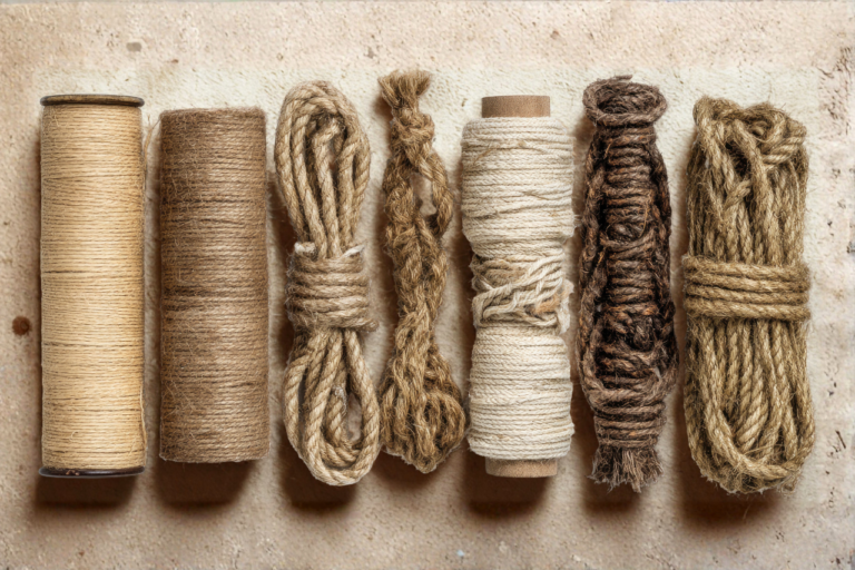 Natural fibes shown as ropes and twines in skeins and and cones in nutural colors from offwhite to darker brown. Beige background.