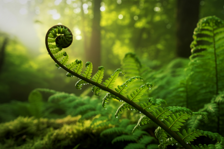 a green fern stalk with a forest in the background. Dark Green forest with light that comes through. Dark almost black tree stems in background. Lush and green.